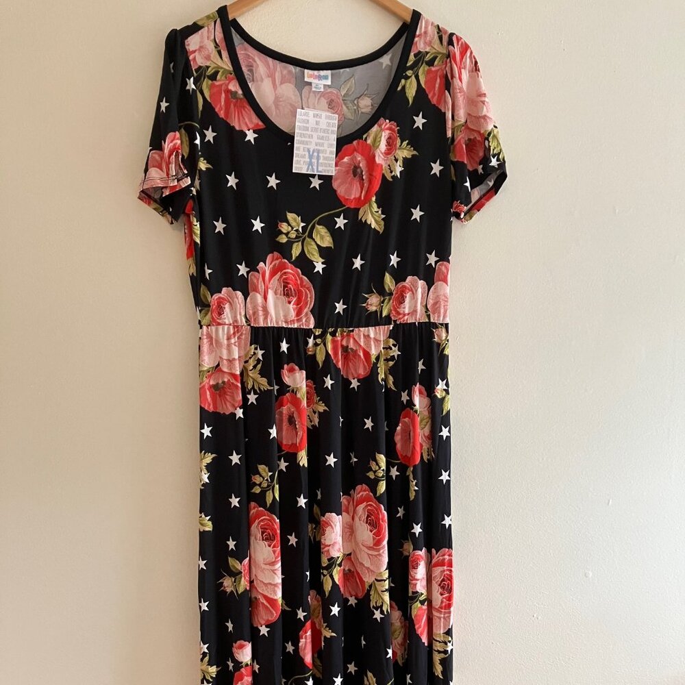 NWT LulaRoe Riley Short Sleeve Maxi Dress, Size XL, Black with Roses & Stars